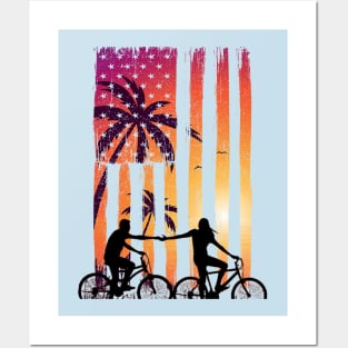 Biking Truce (Man+woman bike silhouette, sundown flag) Posters and Art